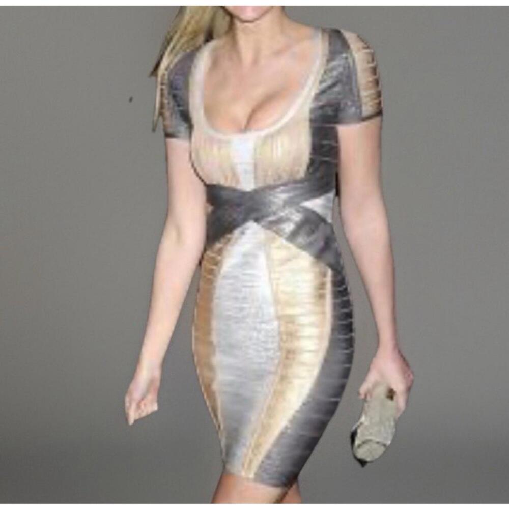 Hervé Léger Carolyn Metallic Foil Bandage Dress Size Small S Gold Silver